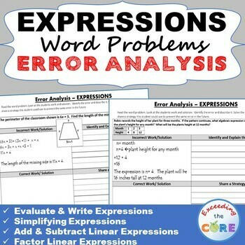 EXPRESSIONS Word Problems - Error Analysis (Find the Error)