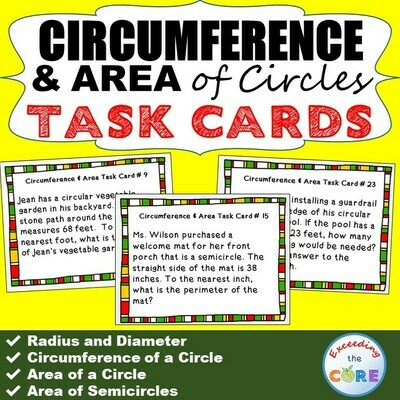CIRCUMFERENCE and AREA of CIRCLES Word Problems - Task Cards {40 Cards}