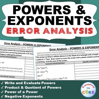 POWERS AND LAW OF EXPONENTS Word Problems - Error Analysis (Find the Error)