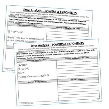 POWERS AND LAW OF EXPONENTS Word Problems - Error Analysis (Find the Error)