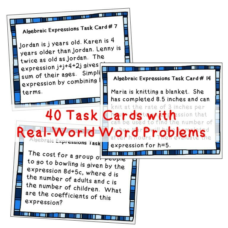 ALGEBRAIC EXPRESSIONS Word Problems - Task Cards {40 Cards}