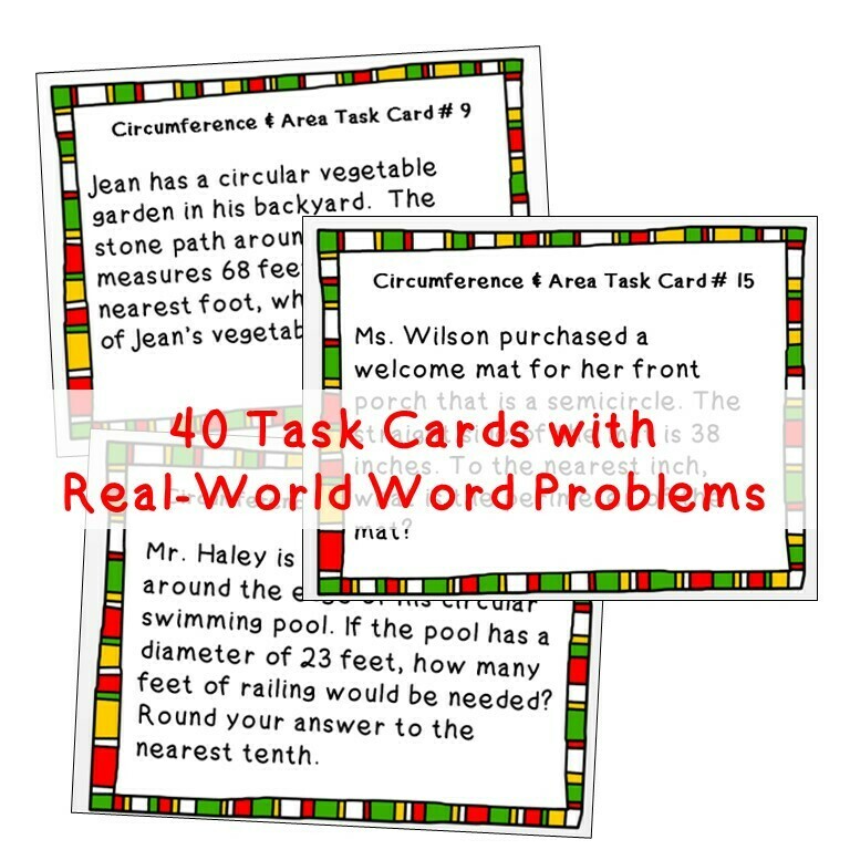 CIRCUMFERENCE and AREA of CIRCLES Word Problems - Task Cards {40 Cards}