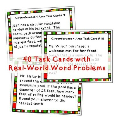 CIRCUMFERENCE and AREA of CIRCLES Word Problems - Task Cards {40 Cards}