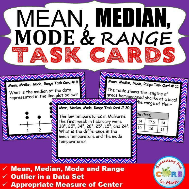 MEAN, MEDIAN, MODE, &amp; RANGE Word Problems - Task Cards {40 Cards}