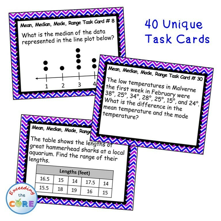 MEAN, MEDIAN, MODE, &amp; RANGE Word Problems - Task Cards {40 Cards}