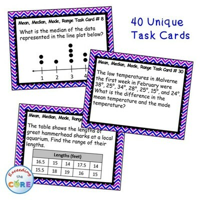 MEAN, MEDIAN, MODE, &amp; RANGE Word Problems - Task Cards {40 Cards}