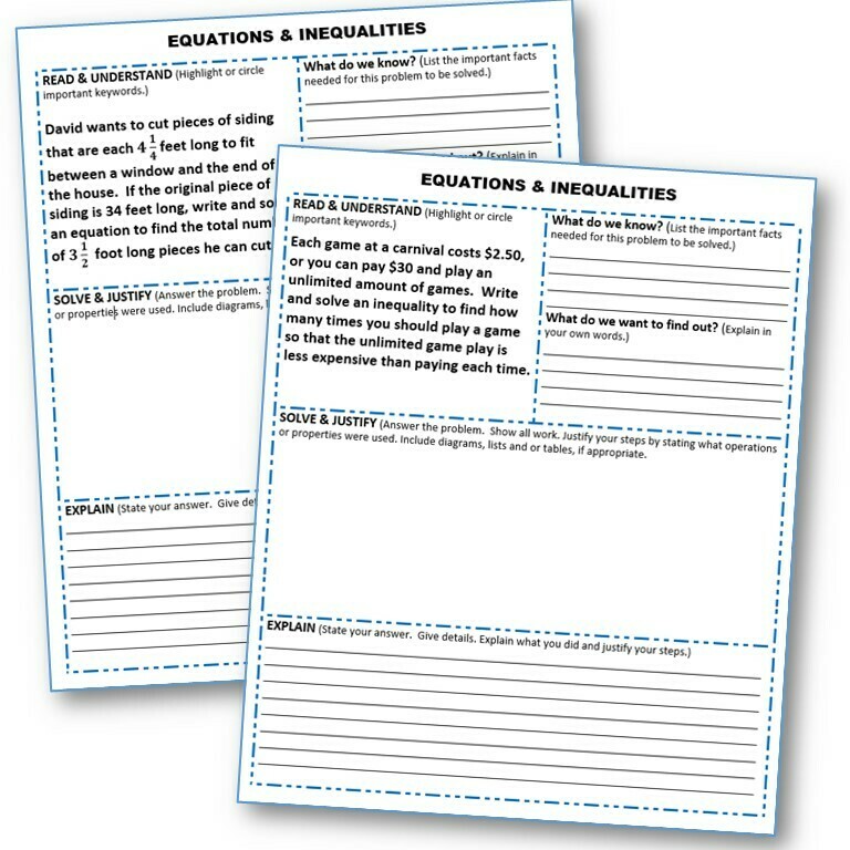 EQUATIONS &amp; INEQUALITIES Word Problems with Graphic Organizer