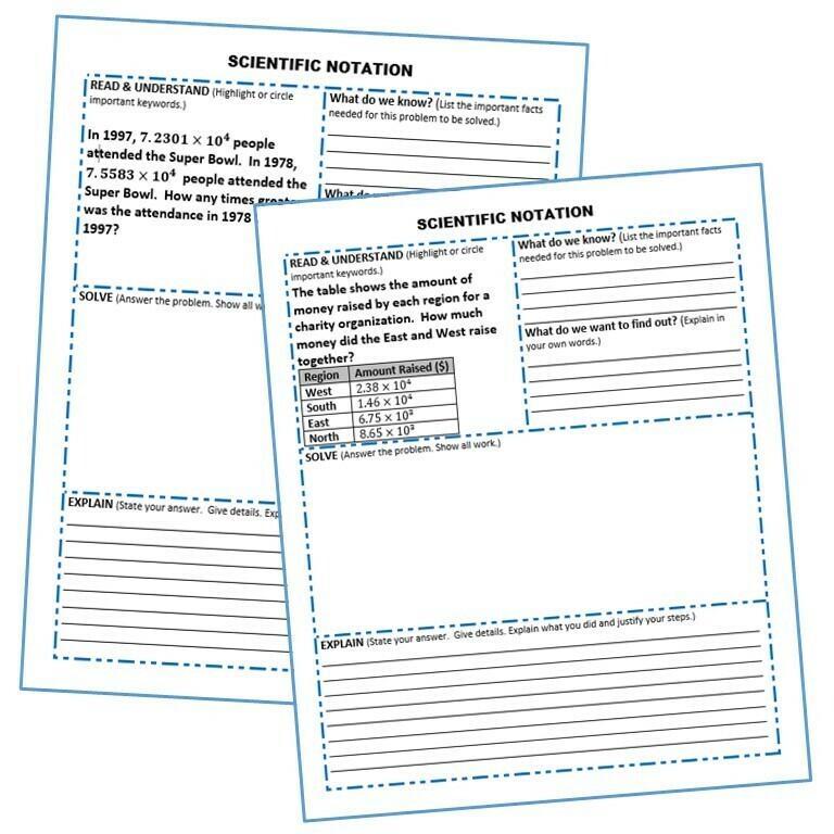 SCIENTIFIC NOTATION Word Problems with Graphic Organizer