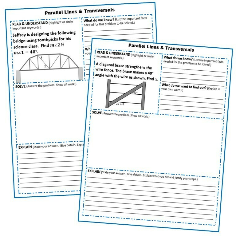 PARALLEL LINES and TRANSVERSAL Word Problems with Graphic Organizers