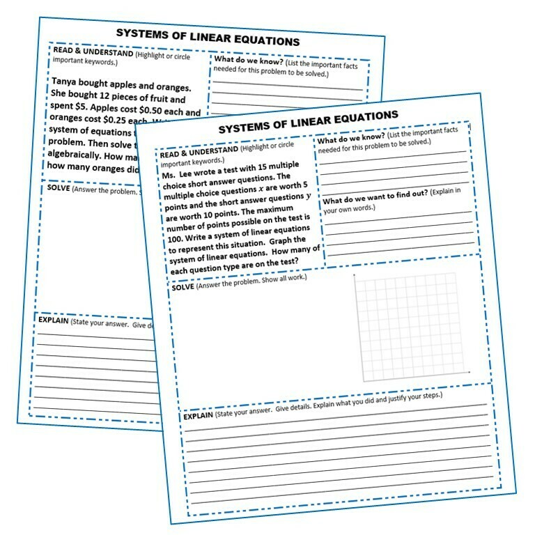 SYSTEMS OF LINEAR EQUATIONS Word Problems with Graphic Organizer