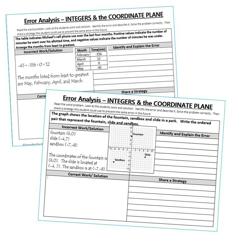 INTEGERS &amp; the COORDINATE PLANE Word Problems - Error Analysis (Find the Error)