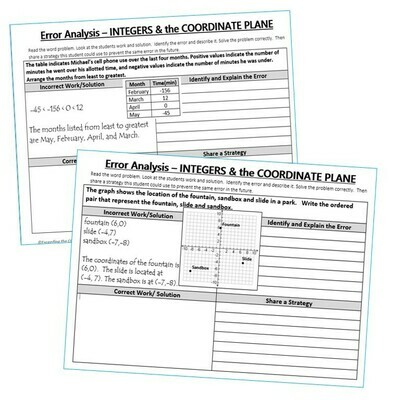 INTEGERS &amp; the COORDINATE PLANE Word Problems - Error Analysis (Find the Error)