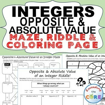 INTEGERS: OPPOSITE & ABSOLUTE VALUE Maze, Riddle, Color by Number Coloring Page