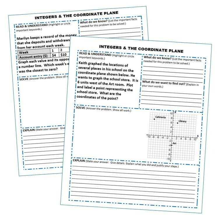 INTEGERS &amp; the COORDINATE PLANE Word Problems with Graphic Organizer