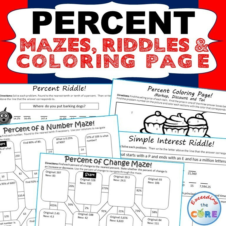 PERCENTS Mazes, Riddles & Color by Number Coloring Page Fun Math Activity