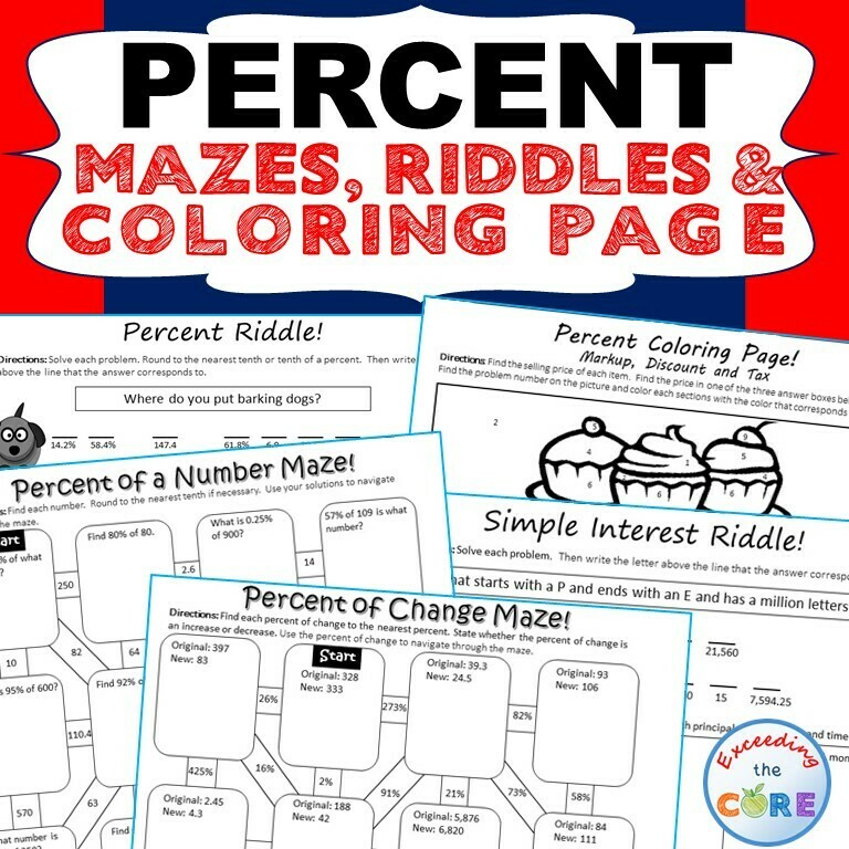 PERCENTS Mazes, Riddles &amp; Color by Number Coloring Page Fun Math Activity