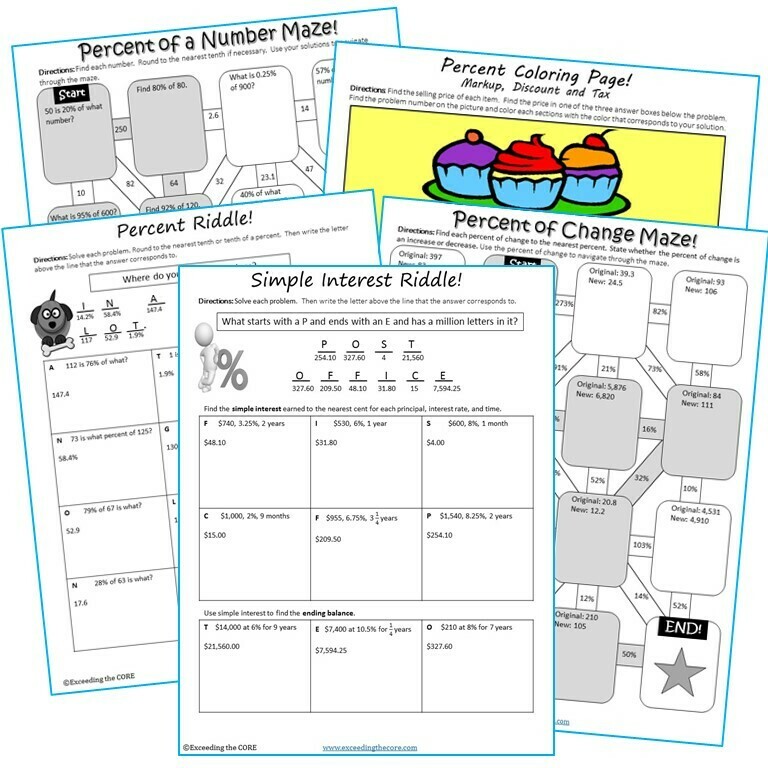 PERCENTS Mazes, Riddles &amp; Color by Number Coloring Page Fun Math Activity
