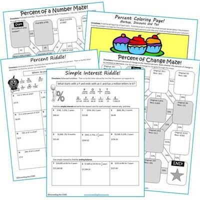 PERCENTS Mazes, Riddles &amp; Color by Number Coloring Page Fun Math Activity