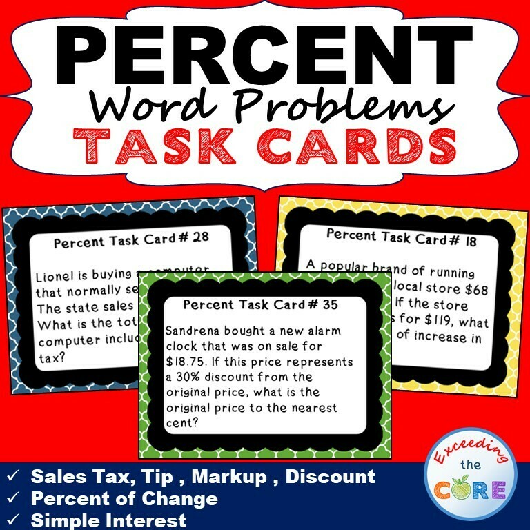 PERCENTS Word Problems Task Cards {40 Cards}
