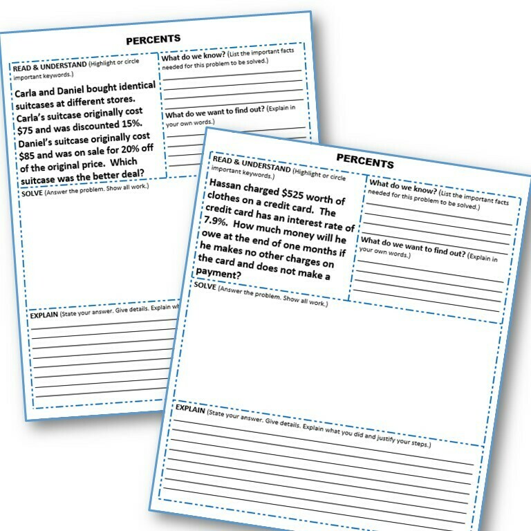 PERCENTS WORD PROBLEMS with Graphic Organizer