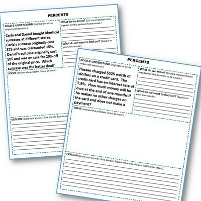 PERCENTS WORD PROBLEMS with Graphic Organizer