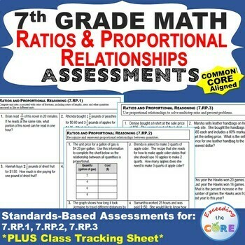 7th Grade RATIOS &amp; PROPORTIONAL RELATIONSHIPS Assessments (7.RP) Common Core