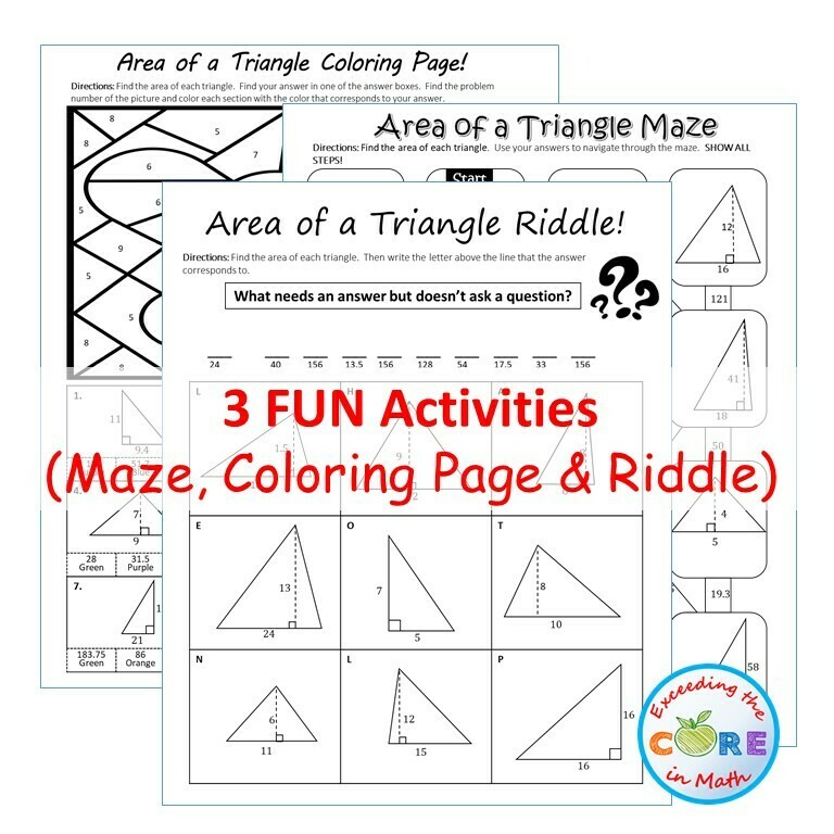 AREA OF TRIANGLES Maze, Riddle, Coloring Page Color by Numbers Math Activities