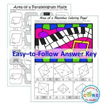 AREA OF QUADRILATERALS Parallelogram, Trapezoid, Rhombus Maze, Riddle, Color
