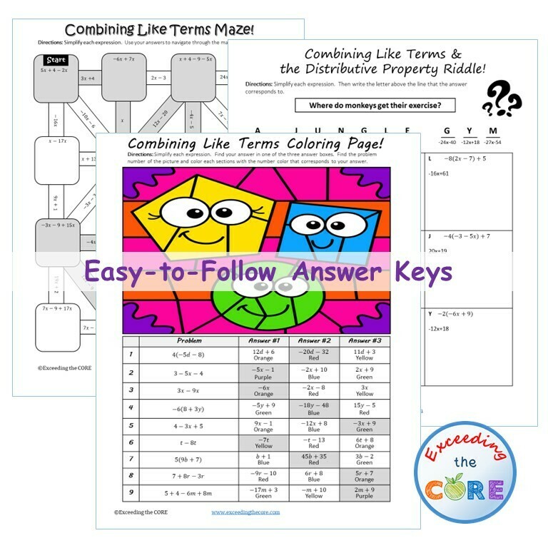 COMBINING LIKE TERMS Maze, Riddle, Color by Number Coloring Page Math Activities