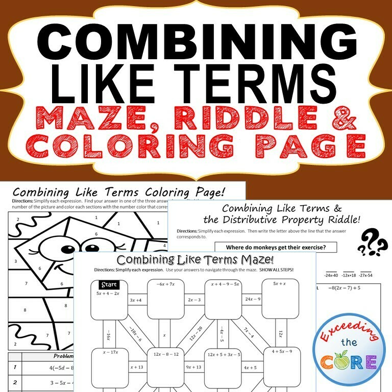 COMBINING LIKE TERMS Maze, Riddle, Color by Number Coloring Page Math Activities