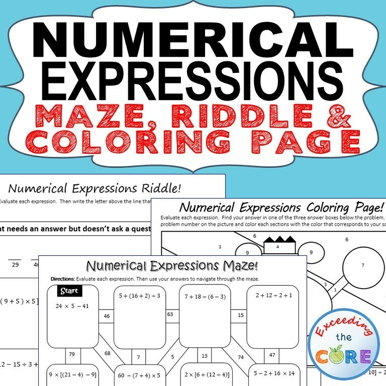NUMERICAL EXPRESSIONS Maze, Riddle, Color by Number (Fun MATH Activities)
