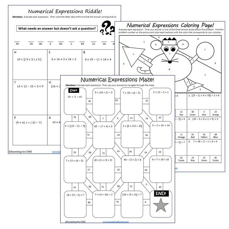 NUMERICAL EXPRESSIONS Maze, Riddle, Color by Number (Fun MATH Activities)