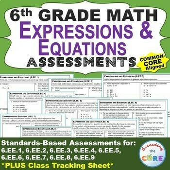 6th Grade EXPRESSIONS AND EQUATIONS Assessments (6.EE) Common Core