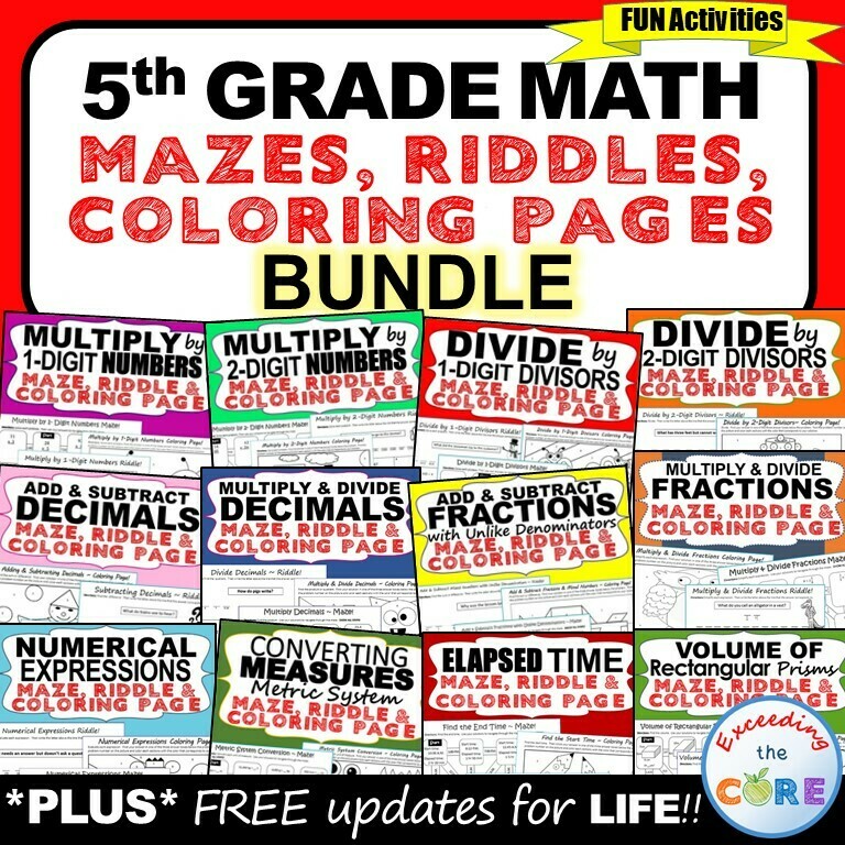 5th Grade Math Mazes, Riddles & Color by Number Bundle