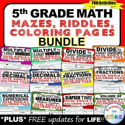 5th Grade Math Mazes, Riddles & Color by Number Bundle