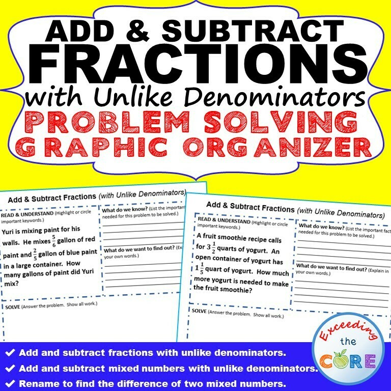 ADD &amp; SUBTRACT FRACTIONS Word Problems with Graphic Organizers