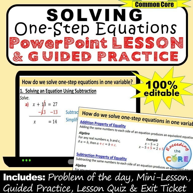 SOLVING ONE-STEP EQUATIONS PowerPoint Lesson &amp; Guided Practice