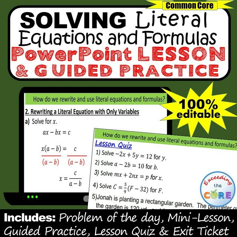 SOLVING LITERAL EQUATIONS & FORMULAS PowerPoint Lesson