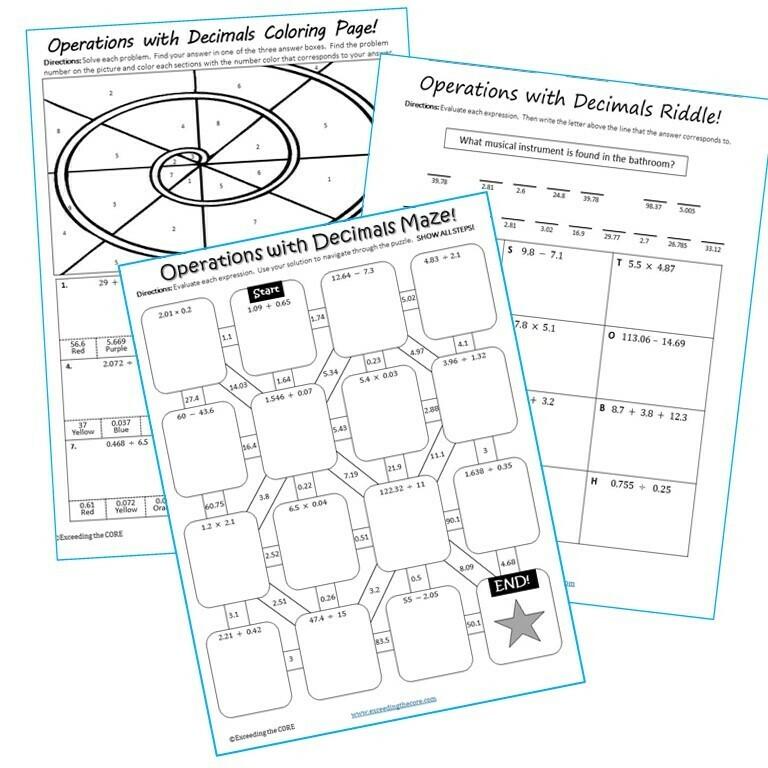 DECIMALS Maze, Riddle &amp; Color by Number Coloring Page Math Fun Activity