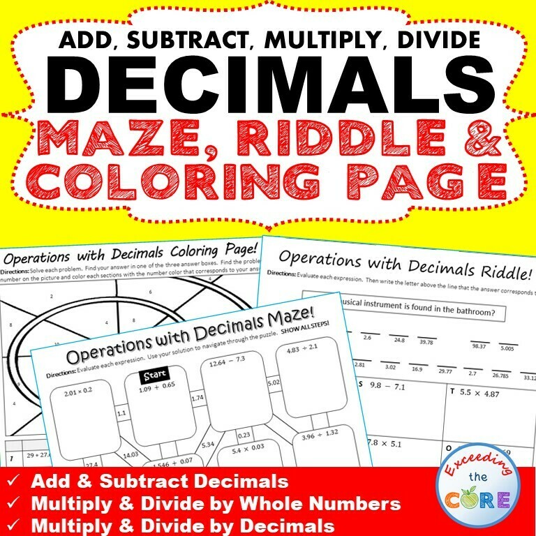 DECIMALS Maze, Riddle &amp; Color by Number Coloring Page Math Fun Activity