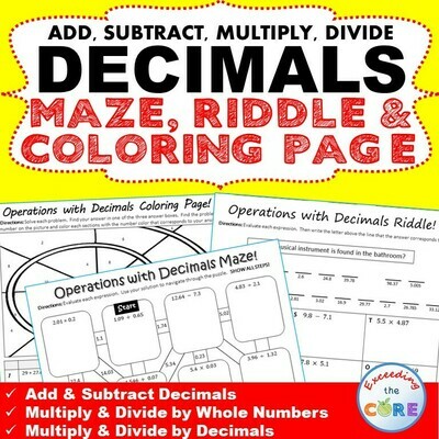 DECIMALS Maze, Riddle & Color by Number Coloring Page Math Fun Activity