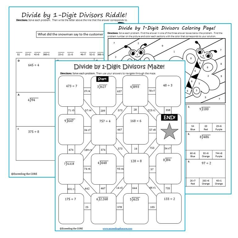 DIVIDE BY 1-DIGIT DIVISORS Maze, Riddle, Color by Number (Fun MATH Activities)
