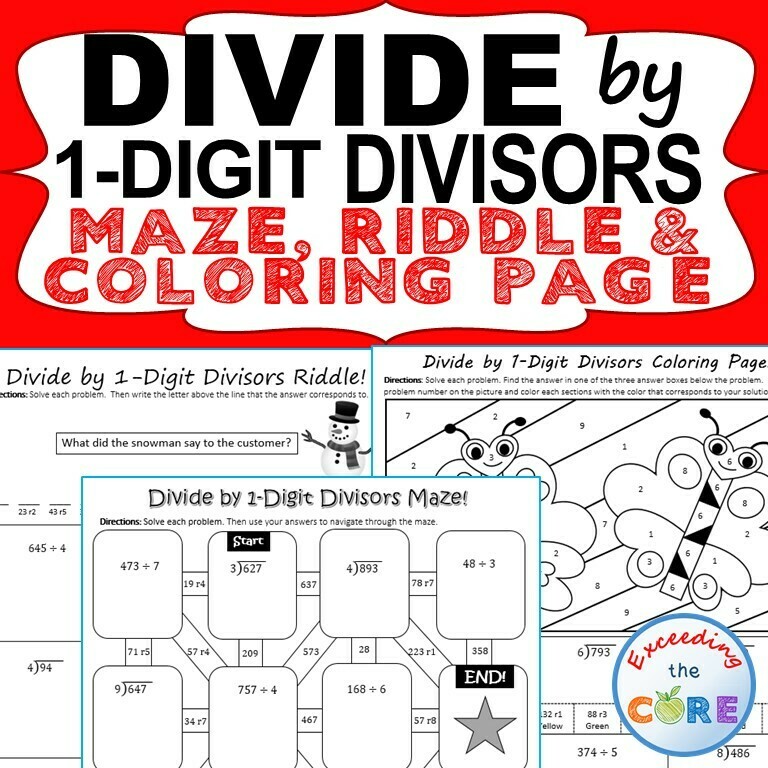 DIVIDE BY 1-DIGIT DIVISORS Maze, Riddle, Color by Number (Fun MATH Activities)
