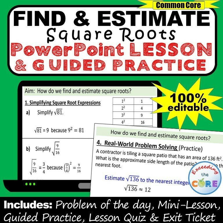 FIND AND ESTIMATE SQUARE ROOTS PowerPoint Lesson &amp; Practice
