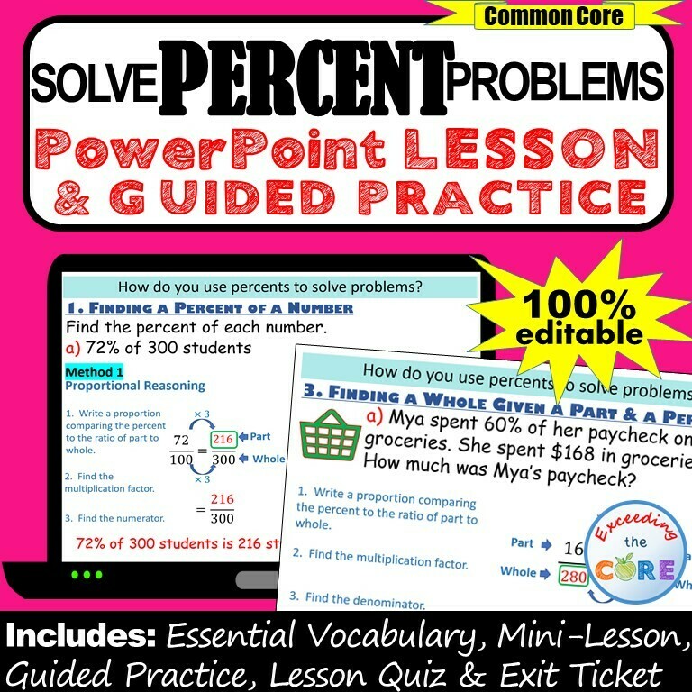 PERCENT PROBLEMS (percent, part, whole) PowerPoint Lesson &amp; Guided Practice