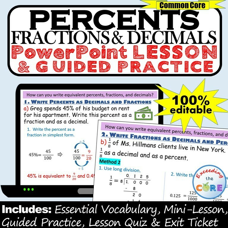 PERCENTS, FRACTIONS &amp; DECIMALS PowerPoint Lesson &amp; Practice