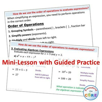 ORDER OF OPERATIONS &amp; EVALUATING EXPRESSIONS PowerPoint Mini-Lesson &amp; Practice