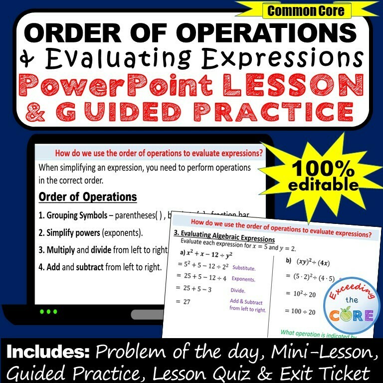 ORDER OF OPERATIONS &amp; EVALUATING EXPRESSIONS PowerPoint Mini-Lesson &amp; Practice