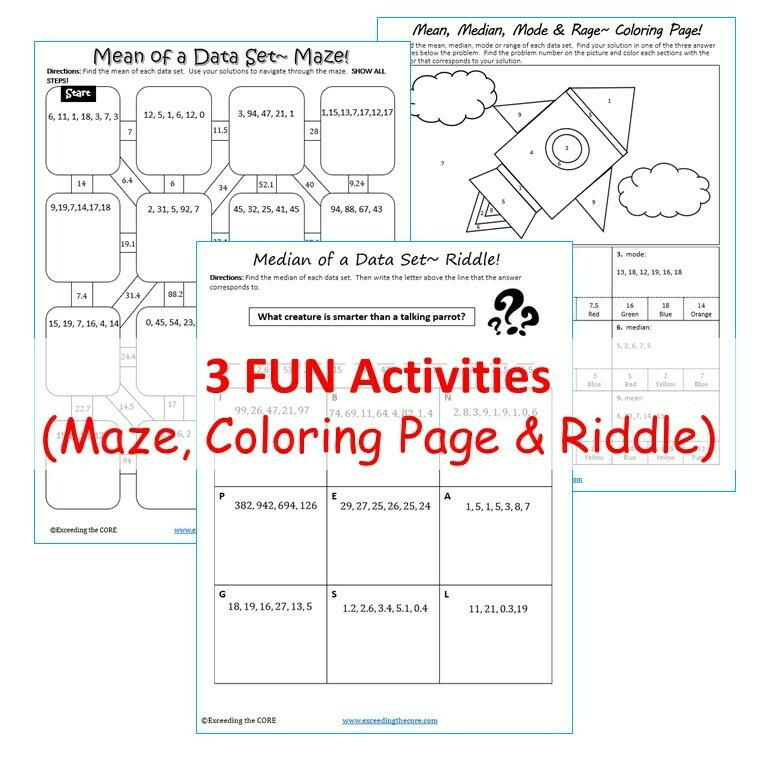 MEAN, MEDIAN, MODE, &amp; RANGE Mazes, Riddles &amp; Coloring Page by Number Activity