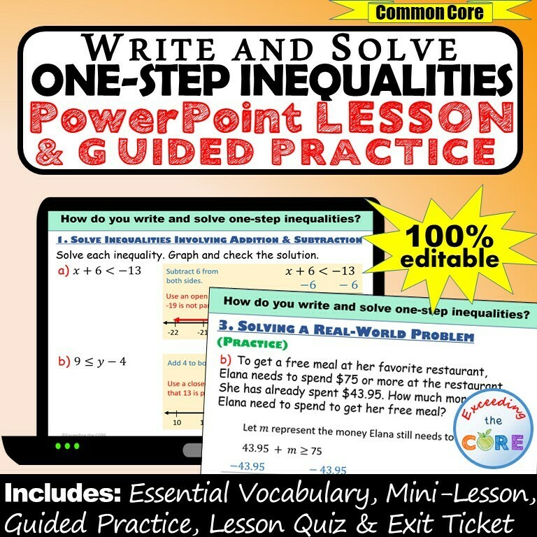 WRITE AND SOLVE ONE-STEP INEQUALITIES PowerPoint Lesson & Practice DIGITAL